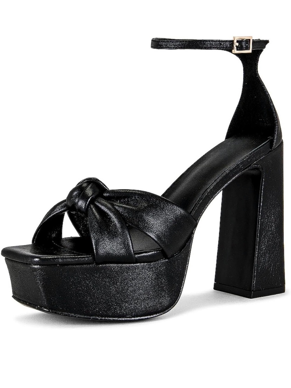 Black Leather Platform Knot Heels with Ankle Strap